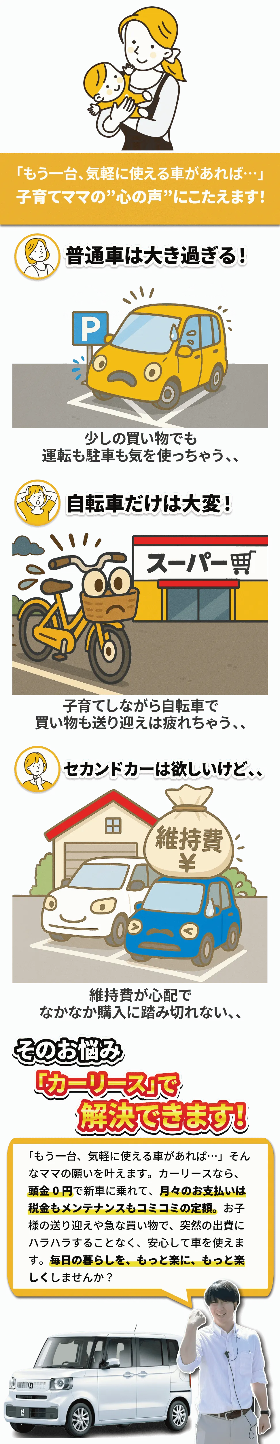 子育てママの悩み。普通車は大きすぎる、自転車だけでは大変、でもセカンドカーは維持費が心配。そんな悩みをカーリースで解決。
